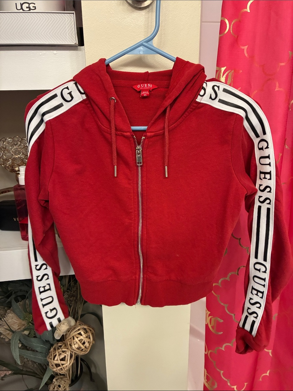 GUESS Red Zip-Front Hooded Bomber Jacket with Branded Sleeve Tape